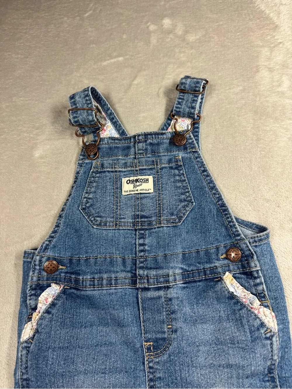 Oshkosh B’Gosh Baby Girl Denim Blue Jean Floral Trim Overalls Size 18 Months